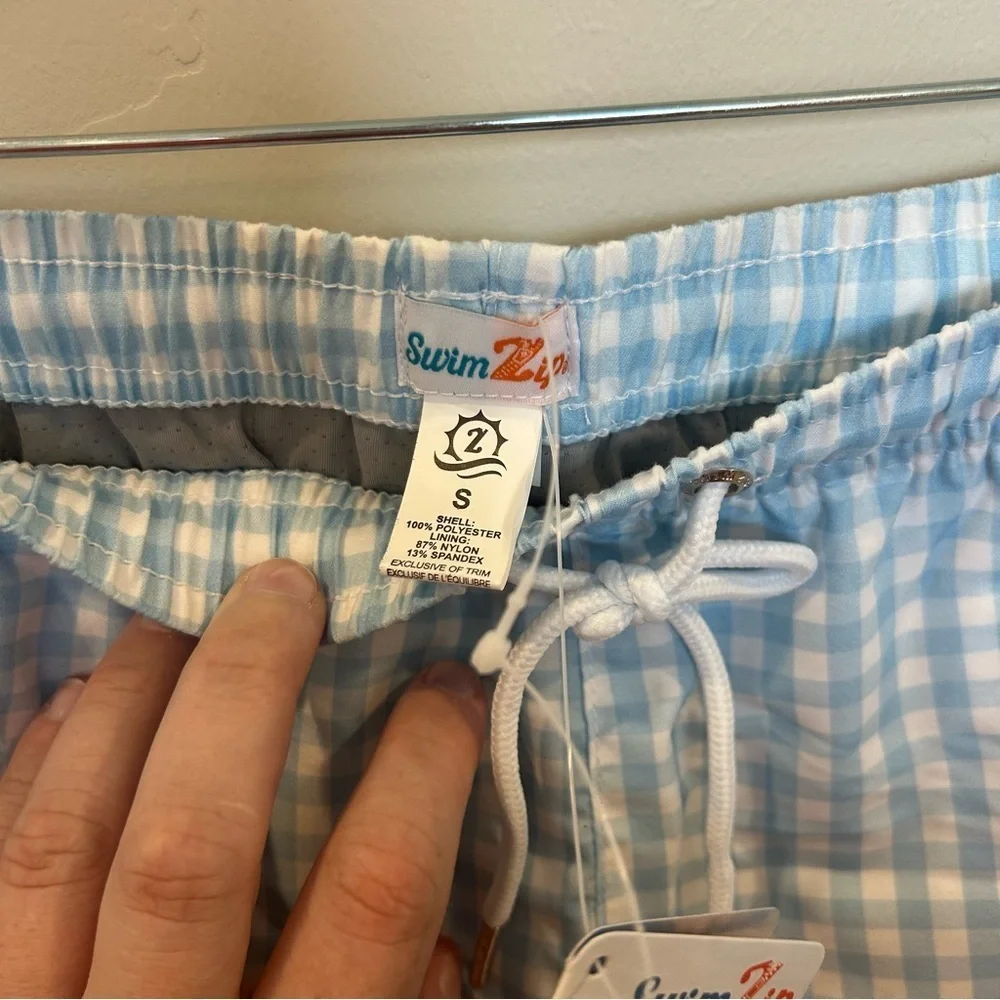 SwimZip Swim Trunks Boxer Brief Liner, Blue Gingham, Small